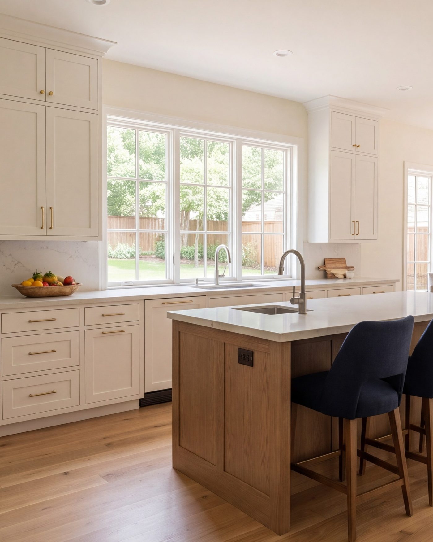 White and oak kitchen with island seating in a Dallas home