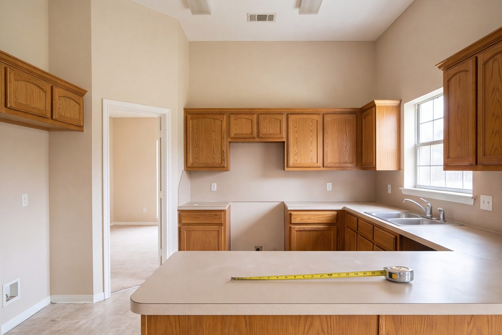 Empty kitchen before work begins, tape measure on the counter