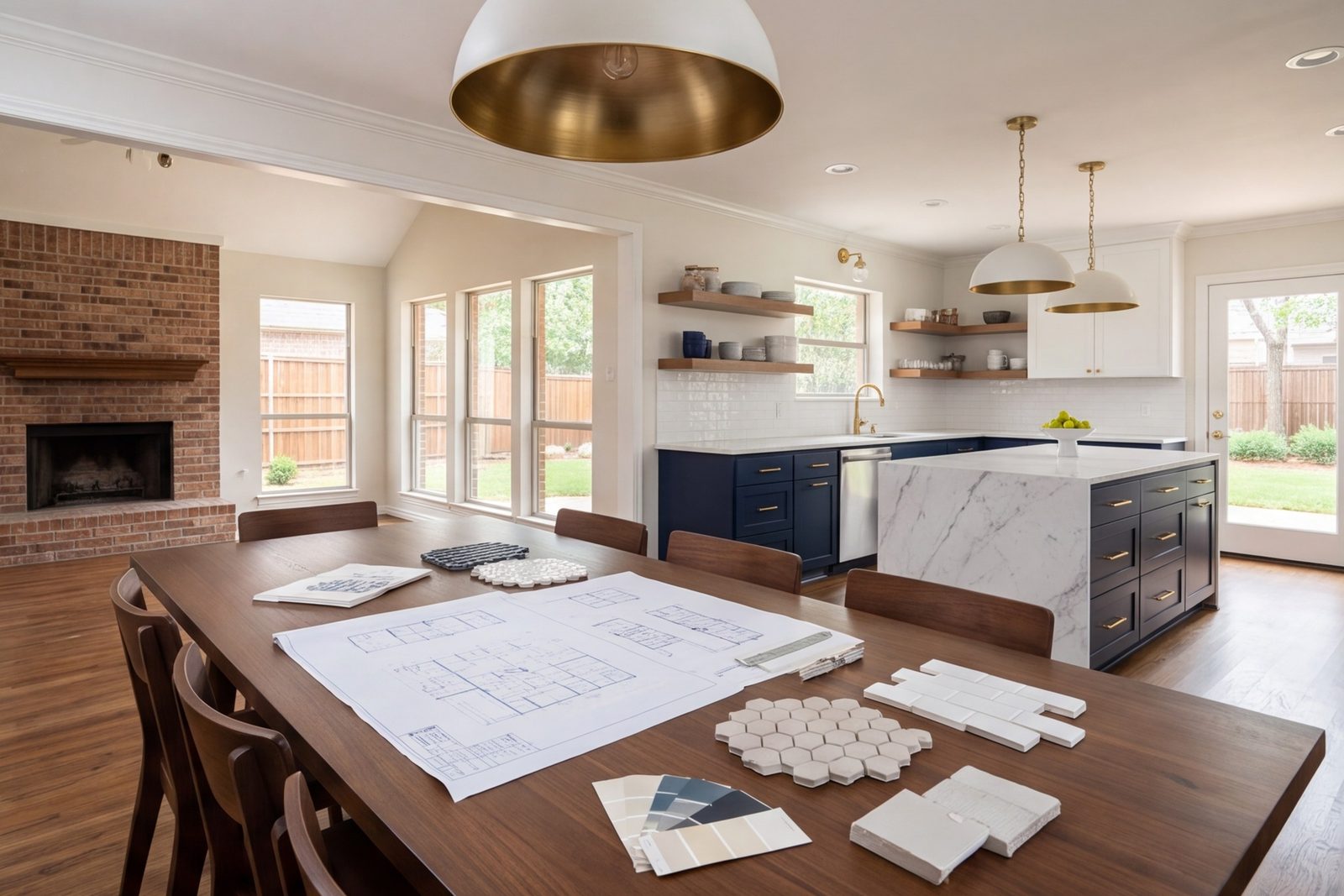 Dining table with layout drawings and tile samples, kitchen behind