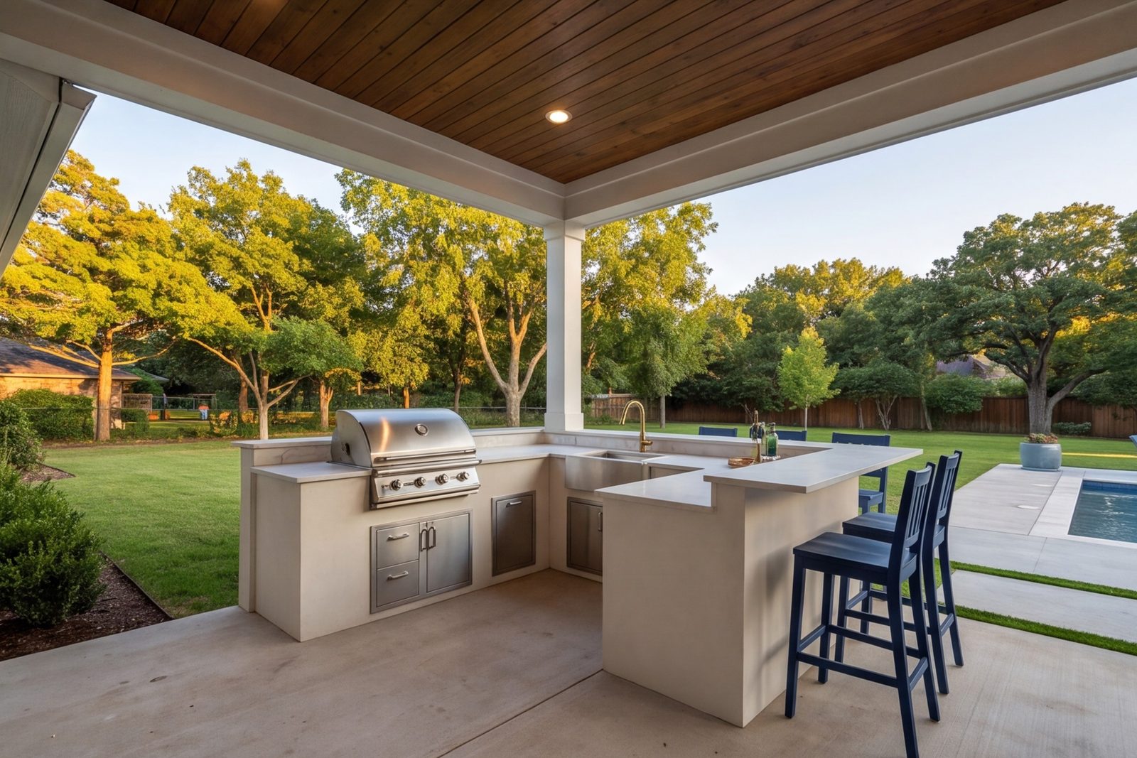 White Rock covered patio with an outdoor kitchen and bar seating
