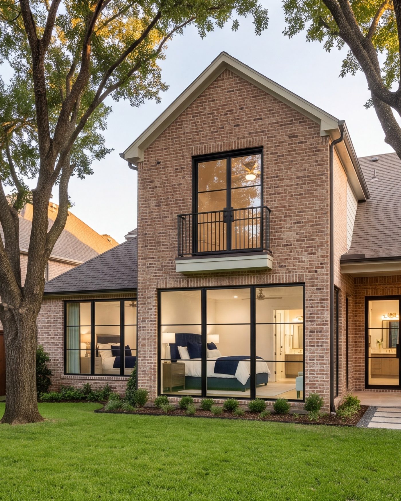 New primary suite addition in matching brick seen from the yard