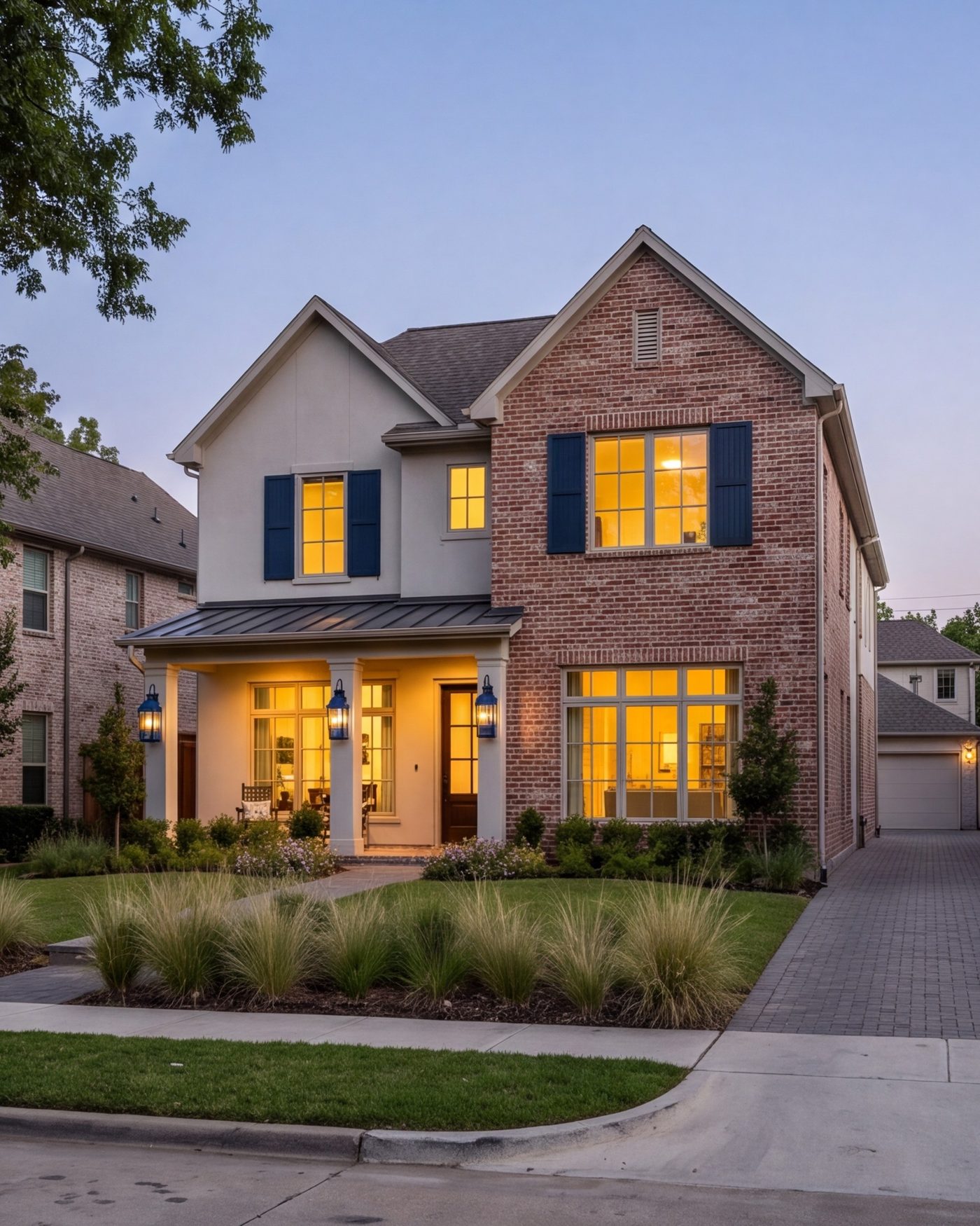 New single-family home on a tree-lined Dallas street at dusk